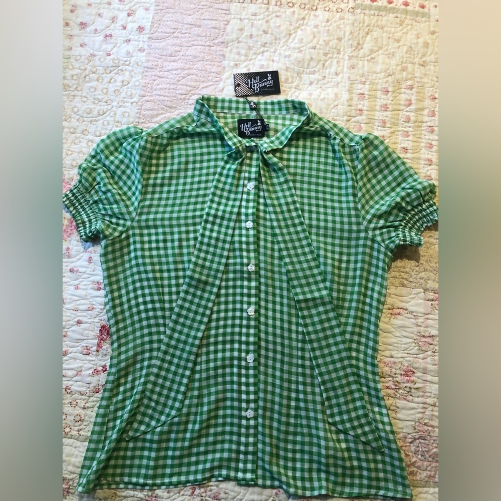 Hell Bunny Annemarie Green Gingham Blouse NWT